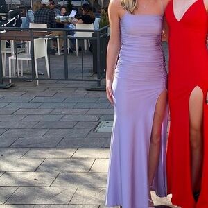 Lovely Day Long Purple Formal or Prom Dress: Spaghetti straps Ruched with Slit